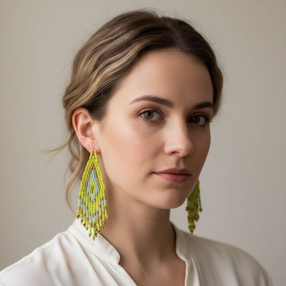 Handmade Beaded Drop Earrings With Green & Blue Tribal Pattern Framed Display - Picture 8 of 8